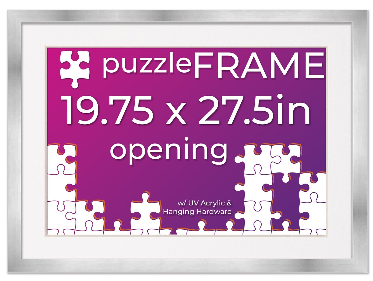 Silver Wood Puzzle Frame Kit with Glue Sheets, White Mat, Backing, UV Acrylic - Available in 20 Popular Sizes